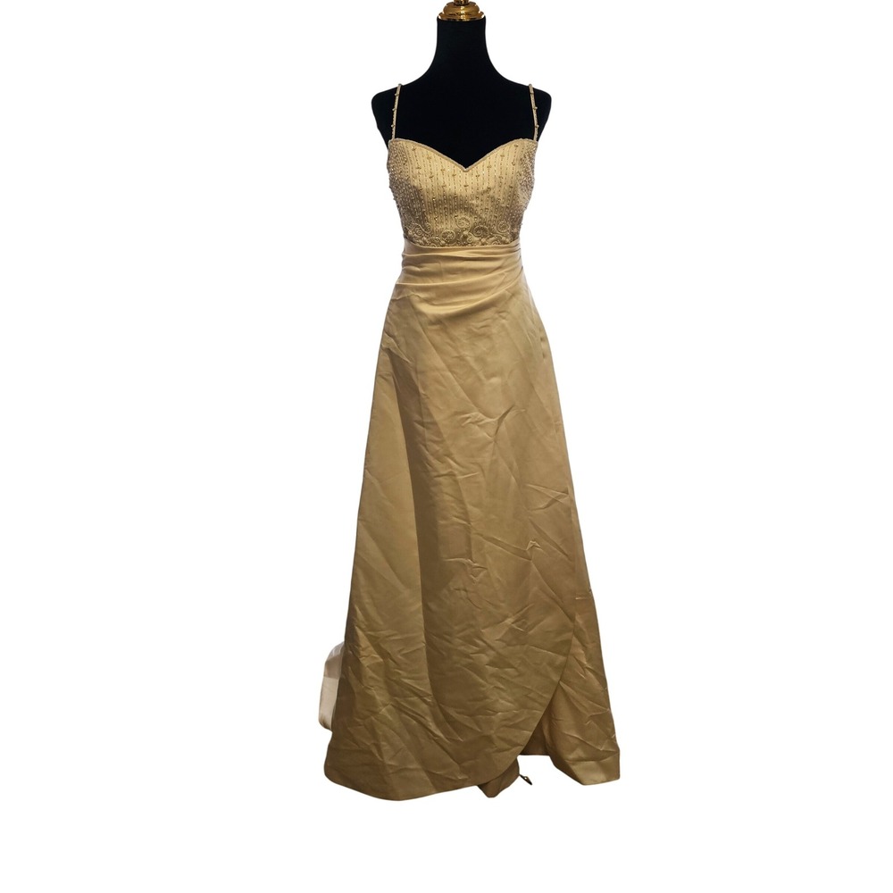 Cream Beaded Spaghetti Strap Formal Evening Gown Dress‎ 8